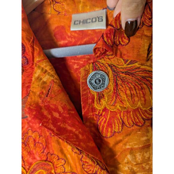 Chico’s Silk Organza Rust Orange Autumn Floral Button Up Top Women L Sz 2 Artsy - Picture 9 of 14